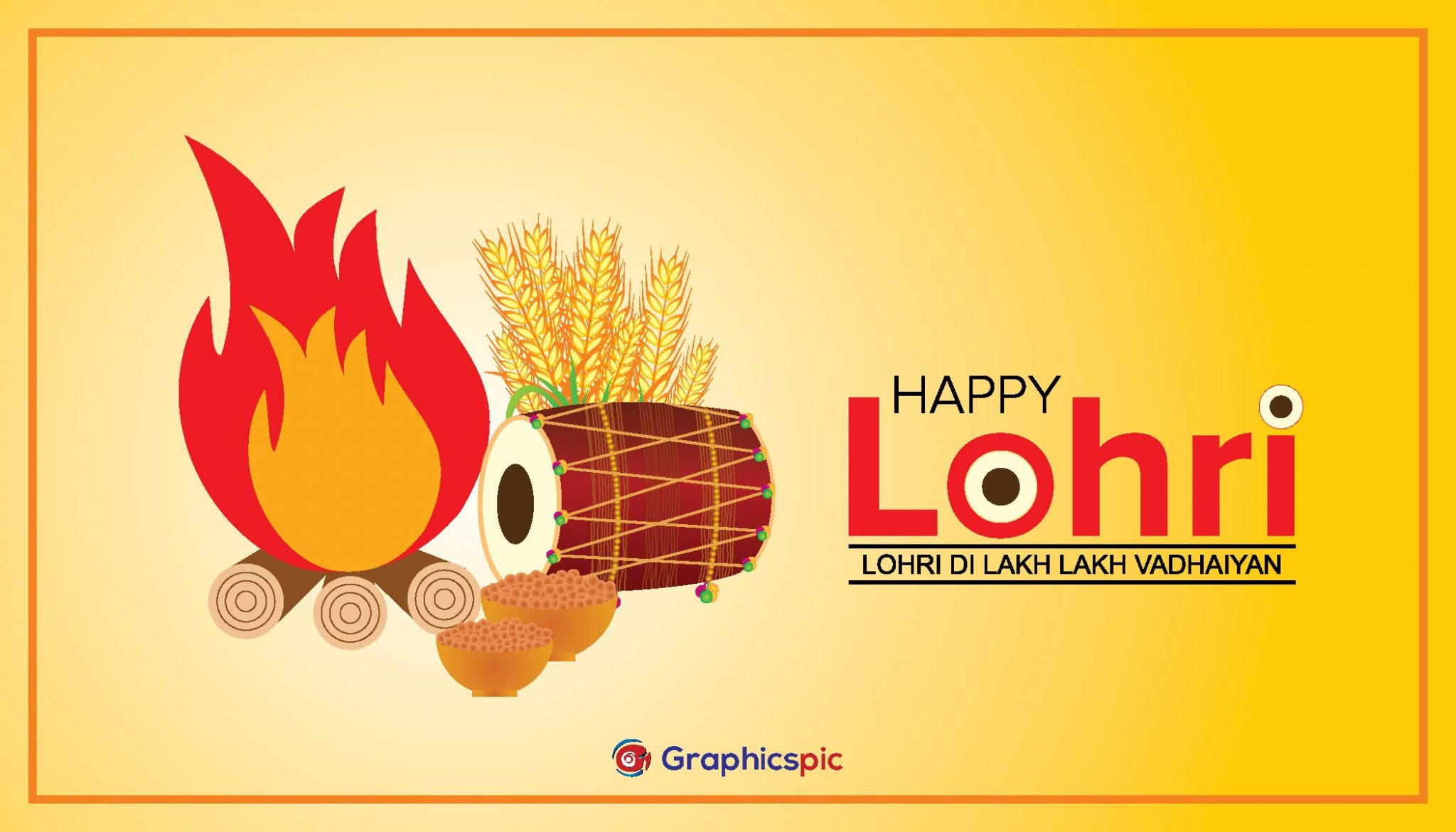 Happy Lohri with bonfire, dhole background in hindi free vector