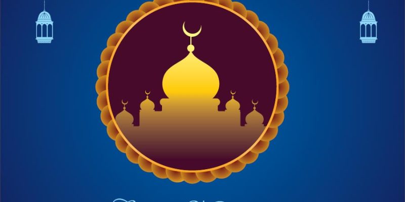 Flat design eid mubarak background with mosque  – Free Vector