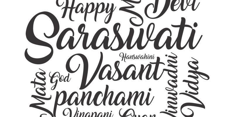 Vector illustration happy vasant panchami / saraswati puja typography poster background – free vector