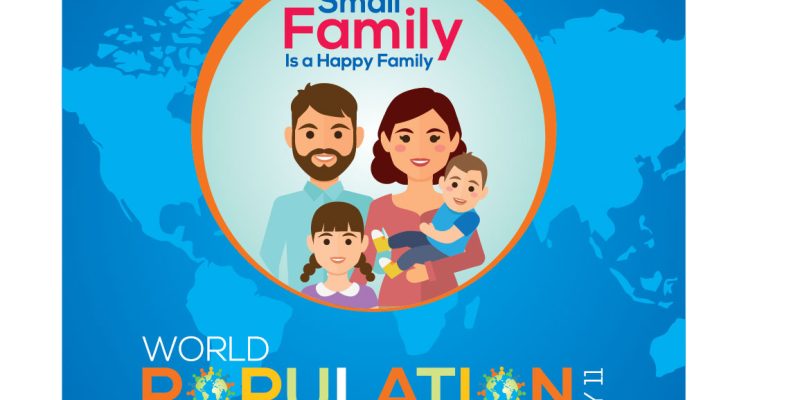 Happy Small Family with world map background. World Population Day  concept, 11th July vector illustration image – Vector