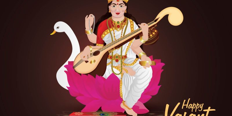 Vector illustration of Goddess of Wisdom Saraswati for Vasant Panchami India festival background image