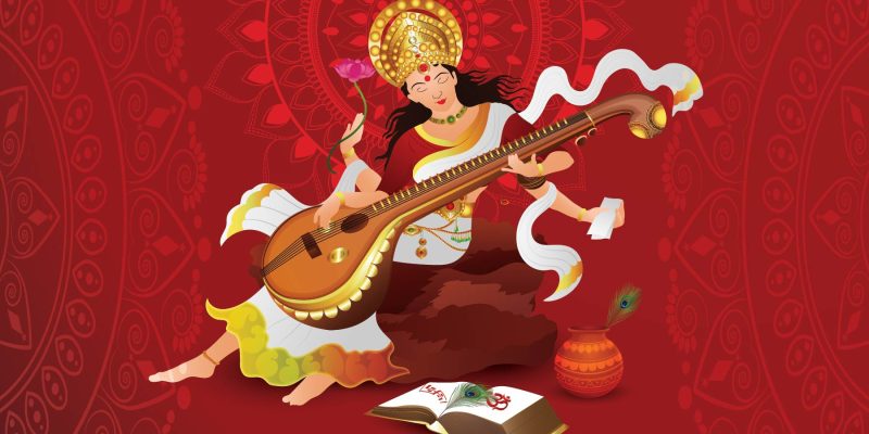 Beautiful Character Of Goddess Saraswati Maa On Lotus Flower With Swan For Vasant Panchami Ki Hardik Shubhkamnaye Backgroun..