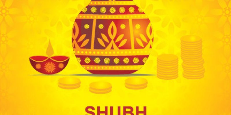 Happy dhanteras yellow background with gold coins – free vector