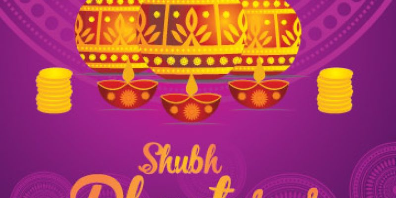 Shubh Dhanteras purple background greeting card with golden coins, pot – free vector