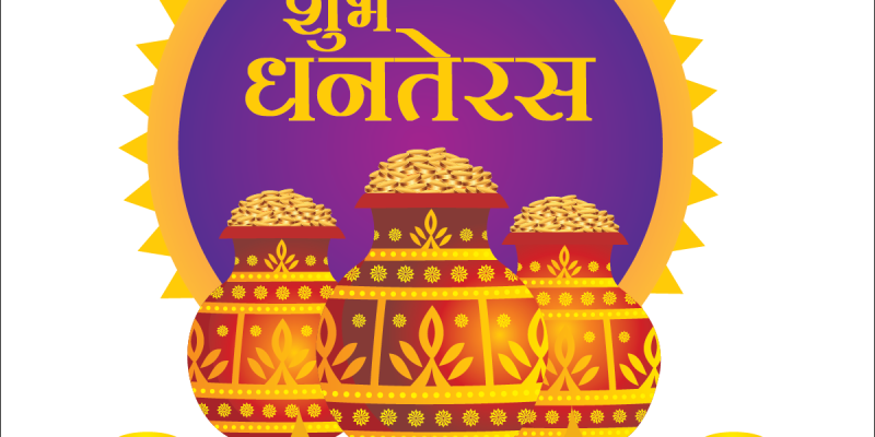 Shubh Dhanteras greeting card with golden coins, pot – free vector