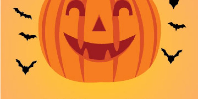Happy halloween greetings with pumpkin, bats & yellow background – free vector