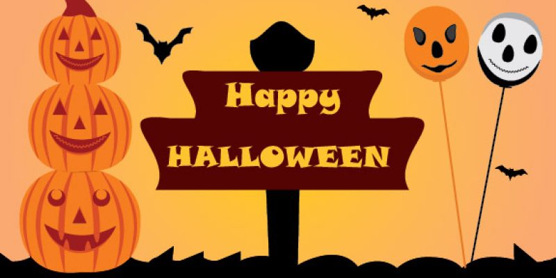 Happy halloween greetings with pumpkin, bats & yellow background – free vector
