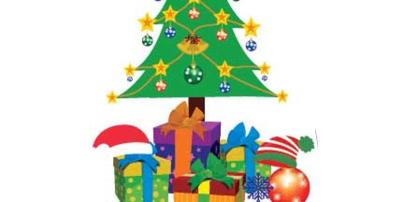 Merry christmas with tree & gifts post – free vector