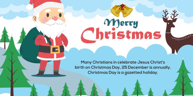 Merry christmas with santa claus, dear & christmas tree background – free vector