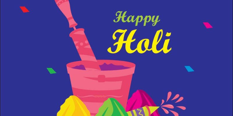 Happy holi celebration wishing card with gulal, color bucket, color guns – free vector