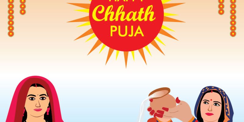 Hindu women pray sun God, with food at dusk,in the bank of lake, during Chhath Puja – fre vector