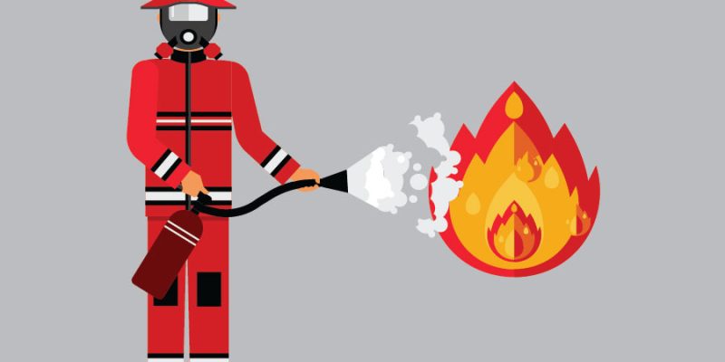 Extinguisher in hands. firefighter with fire red extinguisher extinguish big flame attention placard – Free Vector