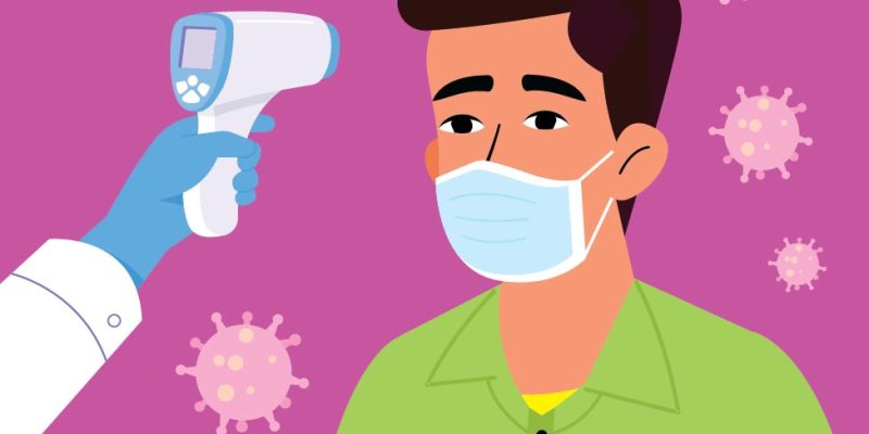 Temperature check. doctor holding a non-contact thermometer in hand illustration vector image – Free Vector