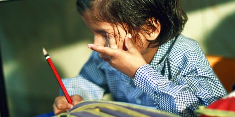Little student girl child writing from pencil  – free photo