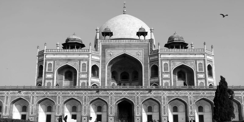Grayscale photo of Humayun’s Tomb complex,the tomb of the Mughal Emperor Humayun in Delhi, India.- Stock Photo