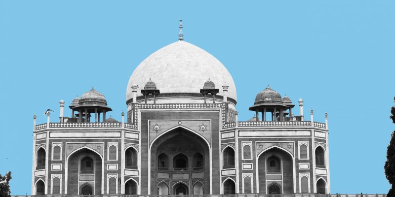Grayscale photo of Humayun’s Tomb complex in New Delhi, Humayun’s tomb of Mughal Emperor Humayun designed by Persian architect Mirak Mirza Ghiyas , India and Blue Background – Stock photo