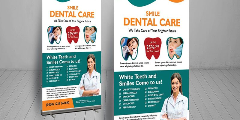 Dental care advertising, poster roll-up banner standee template – free vector