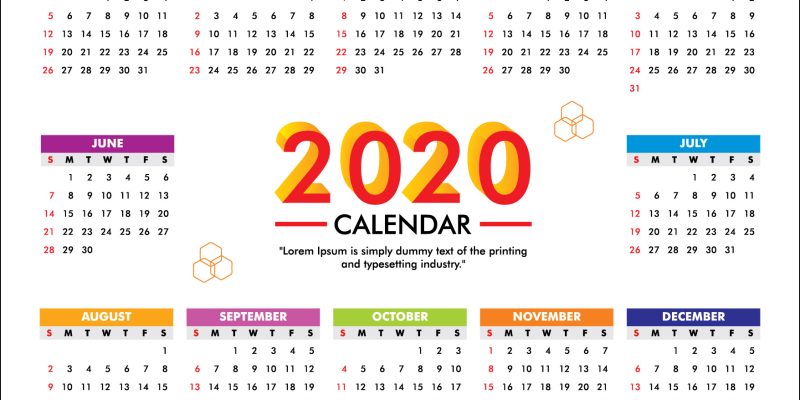 Calendar for 2020 week starts Sunday- free vector
