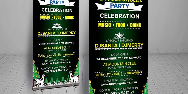 Christmas party celebration  roll up banner standee template design – free vector