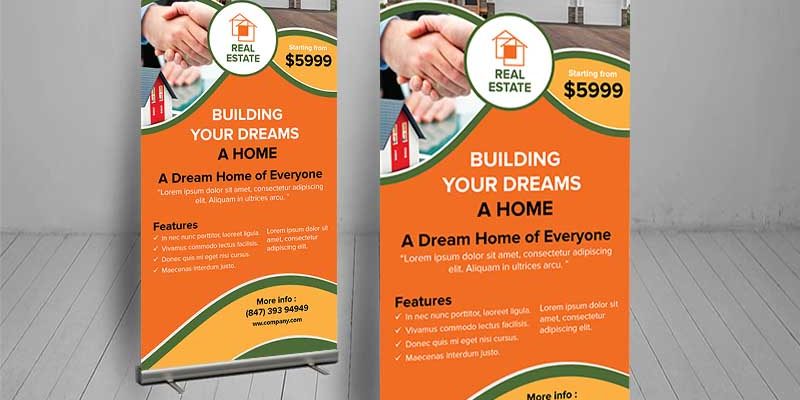 Creative real estate, property, home roll-up banner standee template – free vector
